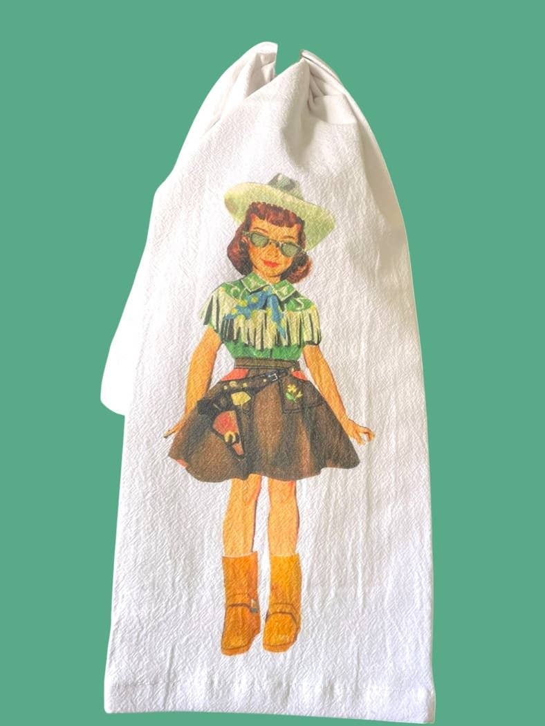 Paper Doll Cowgirl Tea Towel, western, retro