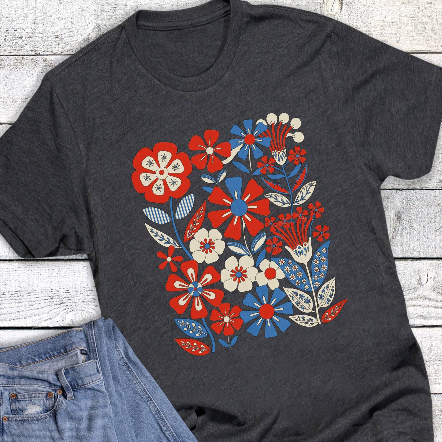 Patriotic Boho Florals Graphic Tee: Charcoal / M / Short Sleeve