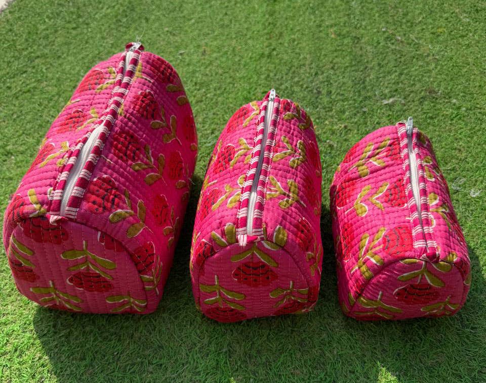 Assorted Cosmetic Bag Block Printed Indian Cotton Travel Bag Set 3 Pink