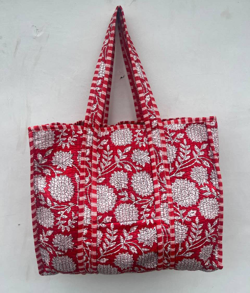 Red Floral Cotton Quilted Women Shopping Bag Market Bag Tote